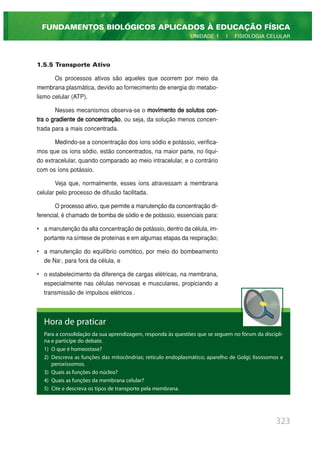 1.5.5 Transporte Ativo
Os processos ativos são aqueles que ocorrem por meio da
membrana plasmática, devido ao fornecimento de energia do metabo-
lismo celular (ATP).
Nesses mecanismos observa-se o movimento de solutos con-
tra o gradiente de concentração, ou seja, da solução menos concen-
trada para a mais concentrada.
Medindo-se a concentração dos íons sódio e potássio, verifica-
mos que os íons sódio, estão concentrados, na maior parte, no líqui-
do extracelular, quando comparado ao meio intracelular, e o contrário
com os íons potássio.
Veja que, normalmente, esses íons atravessam a membrana
celular pelo processo de difusão facilitada.
O processo ativo, que permite a manutenção da concentração di-
ferencial, é chamado de bomba de sódio e de potássio, essenciais para:
• a manutenção da alta concentração de potássio, dentro da célula, im-
portante na síntese de proteínas e em algumas etapas da respiração;
• a manutenção do equilíbrio osmótico, por meio do bombeamento
de Na+
, para fora da célula, e
• o estabelecimento da diferença de cargas elétricas, na membrana,
especialmente nas células nervosas e musculares, propiciando a
transmissão de impulsos elétricos .
323
FUNDAMENTOS BIOLÓGICOS APLICADOS À EDUCAÇÃO FÍSICA
UNIDADE 1 | FISIOLOGIA CELULAR
Hora de praticar
Para a consolidação da sua aprendizagem, responda às questões que se seguem no fórum da discipli-
na e participe do debate.
1) O que é homeostase?
2) Descreva as funções das mitocôndrias; reticulo endoplasmático; aparelho de Golgi; lisossomos e
peroxissomos.
3) Quais as funções do núcleo?
4) Quais as funções da membrana celular?
5) Cite e descreva os tipos de transporte pela membrana.
 