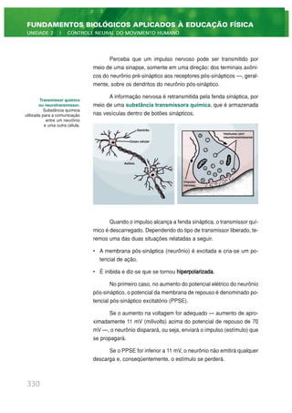 Perceba que um impulso nervoso pode ser transmitido por
meio de uma sinapse, somente em uma direção: dos terminais axôni-
cos do neurônio pré-sináptico aos receptores pós-sinápticos —, geral-
mente, sobre os dendritos do neurônio pós-sináptico.
A informação nervosa é retransmitida pela fenda sináptica, por
meio de uma substância transmissora química, que é armazenada
nas vesículas dentro de botões sinápticos.
Quando o impulso alcança a fenda sináptica, o transmissor quí-
mico é descarregado. Dependendo do tipo de transmissor liberado, te-
remos uma das duas situações relatadas a seguir.
• A membrana pós-sináptica (neurônio) é excitada e cria-se um po-
tencial de ação.
• É inibida e diz-se que se tornou hiperpolarizada.
No primeiro caso, no aumento do potencial elétrico do neurônio
pós-sináptico, o potencial da membrana de repouso é denominado po-
tencial pós-sináptico excitatório (PPSE).
Se o aumento na voltagem for adequado — aumento de apro-
ximadamente 11 mV (milivolts) acima do potencial de repouso de 70
mV —, o neurônio disparará, ou seja, enviará o impulso (estímulo) que
se propagará.
Se o PPSE for inferior a 11 mV, o neurônio não emitirá qualquer
descarga e, conseqüentemente, o estímulo se perderá.
330
FUNDAMENTOS BIOLÓGICOS APLICADOS À EDUCAÇÃO FÍSICA
UNIDADE 2 | CONTROLE NEURAL DO MOVIMENTO HUMANO
Transmissor químico
ou neurotransmissor.
Substância química
utilizada para a comunicação
entre um neurônio
e uma outra célula.
 