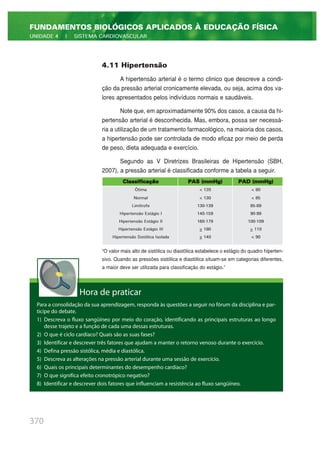 4.11 Hipertensão
A hipertensão arterial é o termo clinico que descreve a condi-
ção da pressão arterial cronicamente elevada, ou seja, acima dos va-
lores apresentados pelos indivíduos normais e saudáveis.
Note que, em aproximadamente 90% dos casos, a causa da hi-
pertensão arterial é desconhecida. Mas, embora, possa ser necessá-
ria a utilização de um tratamento farmacológico, na maioria dos casos,
a hipertensão pode ser controlada de modo eficaz por meio de perda
de peso, dieta adequada e exercício.
Segundo as V Diretrizes Brasileiras de Hipertensão (SBH,
2007), a pressão arterial é classificada conforme a tabela a seguir.
“O valor mais alto de sistólica ou diastólica estabelece o estágio do quadro hiperten-
sivo. Quando as pressões sistólica e diastólica situam-se em categorias diferentes,
a maior deve ser utilizada para classificação do estágio.”
370
FUNDAMENTOS BIOLÓGICOS APLICADOS À EDUCAÇÃO FÍSICA
UNIDADE 4 | SISTEMA CARDIOVASCULAR
Classificação PAS (mmHg) PAD (mmHg)
Ótima < 120 < 80
Normal < 130 < 85
Limítrofe 130-139 85-89
Hipertensão Estágio I 140-159 90-99
Hipertensão Estágio II 160-179 100-109
Hipertensão Estágio III > 180 > 110
Hipertensão Sistólica Isolada > 140 < 90
Hora de praticar
Para a consolidação da sua aprendizagem, responda às questões a seguir no fórum da disciplina e par-
ticipe do debate.
1) Descreva o fluxo sangüíneo por meio do coração, identificando as principais estruturas ao longo
desse trajeto e a função de cada uma dessas estruturas.
2) O que é ciclo cardíaco? Quais são as suas fases?
3) Identificar e descrever três fatores que ajudam a manter o retorno venoso durante o exercício.
4) Defina pressão sistólica, média e diastólica.
5) Descreva as alterações na pressão arterial durante uma sessão de exercício.
6) Quais os principais determinantes do desempenho cardíaco?
7) O que significa efeito cronotrópico negativo?
8) Identificar e descrever dois fatores que influenciam a resistência ao fluxo sangüíneo.
 