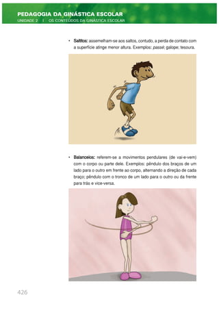 426
PEDAGOGIA DA GINÁSTICA ESCOLAR
UNIDADE 2 | OS CONTEÚDOS DA GINÁSTICA ESCOLAR
• Saltitos:assemelham-se aos saltos, contudo, a perda de contato com
a superfície atinge menor altura. Exemplos: passé; galope; tesoura.
• Balanceios: referem-se a movimentos pendulares (de vai-e-vem)
com o corpo ou parte dele. Exemplos: pêndulo dos braços de um
lado para o outro em frente ao corpo, alternando a direção de cada
braço; pêndulo com o tronco de um lado para o outro ou da frente
para trás e vice-versa.
 