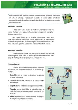 Vestimenta Feminina
É necessário usar roupas confortáveis, confeccionadas em
tecido elástico, como lycra, malha, elanca, para permitir a amplitu-
de dos movimentos.
Nas provas femininas, as ginastas devem usar collant. Até
2000, só podiam ser de mangas longas. A partir de 2001, foi liberado
o uso de mangas curtas ou sem mangas. O uso de sapatilhas e de
meia soquete é opcional. Os cabelos precisam ficar bem presos.
Vestimenta masculina
Para provas de salto e solo, os ginastas devem usar leotard
sem mangas e short. Para as demais provas necessitam usar uma
calça de malha justa ao corpo e presa por alças nos pés.
Posturas Básicas
A seguir, relacionaremos as principais posições
assumidas pelo corpo na realização de exercícios gi-
násticos.
• Estendida: com o tronco, os braços e as pernas
(unidas) estendidos.
• Grupada: pernas flexionadas com os joelhos próxi-
mos ao tórax.
• Carpada: tronco fletido sobre as pernas estendidas.
• Afastada: pernas estendidas e afastadas, com o
tronco flexionado entre elas ou ereto com braços es-
tendidos.
• Selada: hipertensão da coluna vertebral (inadequa-
da em grande parte dos exercícios).
439
PEDAGOGIA DA GINÁSTICA ESCOLAR
UNIDADE 3 | OS MODELOS ESPORTIVOS DE GINÁSTICA
Ressaltamos que é possível trabalhar com espaços e aparelhos alternativos
em aulas de Educação Física ou em atividades de caráter lúdico, consideran-
do que a formação de equipes competitivas não deve ser vista como um obje-
tivo dessas aulas.
 