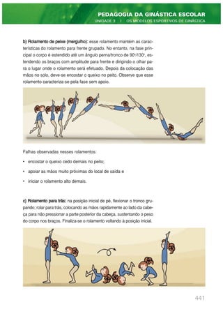 b) Rolamento de peixe (mergulho): esse rolamento mantém as carac-
terísticas do rolamento para frente grupado. No entanto, na fase prin-
cipal o corpo é estendido até um ângulo perna/tronco de 90o
/130o
, es-
tendendo os braços com amplitude para frente e dirigindo o olhar pa-
ra o lugar onde o rolamento será efetuado. Depois da colocação das
mãos no solo, deve-se encostar o queixo no peito. Observe que esse
rolamento caracteriza-se pela fase sem apoio.
Falhas observadas nesses rolamentos:
• encostar o queixo cedo demais no peito;
• apoiar as mãos muito próximas do local de saída e
• iniciar o rolamento alto demais.
c) Rolamento para trás: na posição inicial de pé, flexionar o tronco gru-
pando; rolar para trás, colocando as mãos rapidamente ao lado da cabe-
ça para não pressionar a parte posterior da cabeça, sustentando o peso
do corpo nos braços. Finaliza-se o rolamento voltando à posição inicial.
441
PEDAGOGIA DA GINÁSTICA ESCOLAR
UNIDADE 3 | OS MODELOS ESPORTIVOS DE GINÁSTICA
 