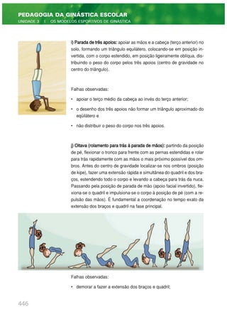 i)Paradadetrêsapoios: apoiar as mãos e a cabeça (terço anterior) no
solo, formando um triângulo equilátero, colocando-se em posição in-
vertida, com o corpo estendido, em posição ligeiramente oblíqua, dis-
tribuindo o peso do corpo pelos três apoios (centro de gravidade no
centro do triângulo).
Falhas observadas:
• apoiar o terço médio da cabeça ao invés do terço anterior;
• o desenho dos três apoios não formar um triângulo aproximado do
eqüilátero e
• não distribuir o peso do corpo nos três apoios.
j) Oitava (rolamento para trás à parada de mãos): partindo da posição
de pé, flexionar o tronco para frente com as pernas estendidas e rolar
para trás rapidamente com as mãos o mais próximo possível dos om-
bros. Antes do centro de gravidade localizar-se nos ombros (posição
de kipe), fazer uma extensão rápida e simultânea do quadril e dos bra-
ços, estendendo todo o corpo e levando a cabeça para trás da nuca.
Passando pela posição de parada de mão (apoio facial invertido), fle-
xiona-se o quadril e impulsiona-se o corpo à posição de pé (com a re-
pulsão das mãos). É fundamental a coordenação no tempo exato da
extensão dos braços e quadril na fase principal.
Falhas observadas:
• demorar a fazer a extensão dos braços e quadril;
446
PEDAGOGIA DA GINÁSTICA ESCOLAR
UNIDADE 3 | OS MODELOS ESPORTIVOS DE GINÁSTICA
 