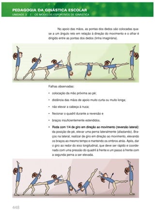 No apoio das mãos, as pontas dos dedos são colocadas qua-
se a um ângulo reto em relação à direção do movimento e o olhar é
dirigido entre as pontas dos dedos (linha imaginária).
Falhas observadas:
• colocação da mão próxima ao pé;
• distância das mãos de apoio muito curta ou muito longa;
• não elevar a cabeça à nuca;
• flexionar o quadril durante a reversão e
• braços insuficientemente estendidos.
• Roda com 1/4 de giro em direção ao movimento (reversão lateral):
da posição de pé, elevar uma perna lateralmente (afastando). Bra-
ços na lateral, realizar de giro em direção ao movimento, elevando
os braços ao mesmo tempo e mantendo os ombros atrás. Após, dar
o giro ao redor do eixo longitudinal, que deve ser rápido e coorde-
nado com uma pressão do quadril à frente e um passo à frente com
a segunda perna a ser elevada.
448
PEDAGOGIA DA GINÁSTICA ESCOLAR
UNIDADE 3 | OS MODELOS ESPORTIVOS DE GINÁSTICA
 