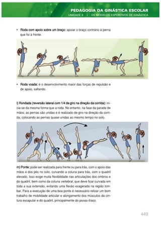 • Roda com apoio sobre um braço: apoiar o braço contrário à perna
que foi à frente.
• Roda voada: é o desenvolvimento maior das forças de repulsão e
de apoio, saltando.
l)Rondada(reversãolateralcom1/4degironadireçãodacorrida): ini-
cia-se da mesma forma que a roda. No entanto, na fase da parada de
mãos, as pernas são unidas e é realizado de giro na direção da corri-
da, colocando as pernas quase unidas ao mesmo tempo no solo.
m)Ponte: pode ser realizada para frente ou para trás, com o apoio das
mãos e dos pés no solo, curvando a coluna para trás, com o quadril
elevado. Isso exige muita flexibilidade nas articulações dos ombros e
do quadril, bem como da coluna vertebral, que deve ficar curvada em
toda a sua extensão, evitando uma flexão exagerada na região lom-
bar. Para a execução de uma boa ponte é necessário relizar um bom
trabalho de mobilidade articular e alongamento dos músculos da cin-
tura escapular e do quadril, principalmente do psoas-ilíaco.
449
PEDAGOGIA DA GINÁSTICA ESCOLAR
UNIDADE 3 | OS MODELOS ESPORTIVOS DE GINÁSTICA
 