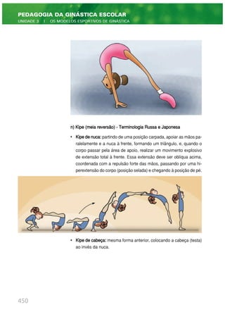 n) Kipe (meia reversão) - Terminologia Russa e Japonesa
• Kipedenuca: partindo de uma posição carpada, apoiar as mãos pa-
ralelamente e a nuca à frente, formando um triângulo, e, quando o
corpo passar pela área de apoio, realizar um movimento explosivo
de extensão total à frente. Essa extensão deve ser oblíqua acima,
coordenada com a repulsão forte das mãos, passando por uma hi-
perextensão do corpo (posição selada) e chegando à posição de pé.
• Kipe de cabeça: mesma forma anterior, colocando a cabeça (testa)
ao invés da nuca.
450
PEDAGOGIA DA GINÁSTICA ESCOLAR
UNIDADE 3 | OS MODELOS ESPORTIVOS DE GINÁSTICA
 