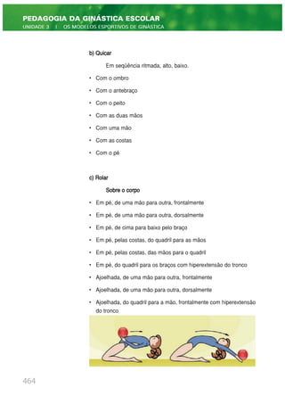b) Quicar
Em seqüência ritmada, alto, baixo.
• Com o ombro
• Com o antebraço
• Com o peito
• Com as duas mãos
• Com uma mão
• Com as costas
• Com o pé
c) Rolar
Sobre o corpo
• Em pé, de uma mão para outra, frontalmente
• Em pé, de uma mão para outra, dorsalmente
• Em pé, de cima para baixo pelo braço
• Em pé, pelas costas, do quadril para as mãos
• Em pé, pelas costas, das mãos para o quadril
• Em pé, do quadril para os braços com hiperextensão do tronco
• Ajoelhada, de uma mão para outra, frontalmente
• Ajoelhada, de uma mão para outra, dorsalmente
• Ajoelhada, do quadril para a mão, frontalmente com hiperextensão
do tronco
464
PEDAGOGIA DA GINÁSTICA ESCOLAR
UNIDADE 3 | OS MODELOS ESPORTIVOS DE GINÁSTICA
 