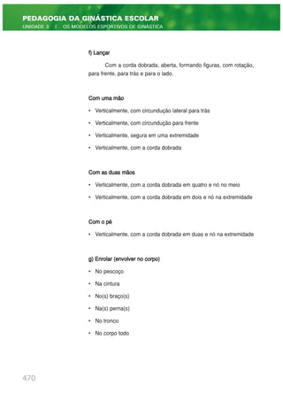 f) Lançar
Com a corda dobrada, aberta, formando figuras, com rotação,
para frente, para trás e para o lado.
Com uma mão
• Verticalmente, com circundução lateral para trás
• Verticalmente, com circundução para frente
• Verticalmente, segura em uma extremidade
• Verticalmente, com a corda dobrada
Com as duas mãos
• Verticalmente, com a corda dobrada em quatro e nó no meio
• Verticalmente, com a corda dobrada em dois e nó na extremidade
Com o pé
• Verticalmente, com a corda dobrada em duas e nó na extremidade
g) Enrolar (envolver no corpo)
• No pescoço
• Na cintura
• No(s) braço(s)
• Na(s) perna(s)
• No tronco
• No corpo todo
470
PEDAGOGIA DA GINÁSTICA ESCOLAR
UNIDADE 3 | OS MODELOS ESPORTIVOS DE GINÁSTICA
 