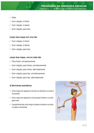 • Atrás
• Com rotação, à frente
• Com rotação, à lateral
• Com rotação, para trás
Lançar duas maças com uma mão
• Com rotação, à frente
• Com rotação, à lateral
• Com rotação, para trás
Lançar duas maças, uma em cada mão
• Para frente, simultaneamente
• Com rotação, para frente, simultaneamente
• Com rotação, para frente, alternadamente
• Com rotação, para trás, simultaneamente
• Com rotação, para trás, alternadamente
d) Movimentos assimétricos
• Uma maça em pequeno círculo na vertical e a outra à
horizontal
• Uma maça em pequeno círculo para frente e a outra-
para trás
• Lançamento de uma maça no plano vertical e a outra-
no plano horizontal
479
PEDAGOGIA DA GINÁSTICA ESCOLAR
UNIDADE 3 | OS MODELOS ESPORTIVOS DE GINÁSTICA
 