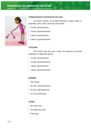 e) Balanceamento (movimento de vai-e-vem)
No mesmo sentido, em sentidos diferentes, maças unidas ou
separadas, para o lado, para trás e para frente.
• Frontal, simetricamente
• Frontal, assimetricamente
• Lateral, simetricamente
• Lateral, assimetricamente
f) Circundar
Para frente, para trás, para o lado, com pequena ou grande
amplitude, em diferentes apoios.
• Frontal, simetricamente
• Frontal, assimetricamente
• Lateral, simetricamente
• Lateral, assimetricamente
g) Batidas
• Das maças
• No solo, simultaneamente
• No solo, alternadamente
• Em ritmos diferentes
h) Rolar
• No corpo todo
• Em partes do corpo
• Pelo braço
480
PEDAGOGIA DA GINÁSTICA ESCOLAR
UNIDADE 3 | OS MODELOS ESPORTIVOS DE GINÁSTICA
 