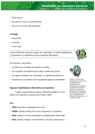 • Pelas pernas
• No solo em círculo, simultaneamente
• No solo em círculo, alternadamente
i) Rotação
• Para frente
• Para trás
• Para o lado
Por exemplo, a fita poderá:
• ser feita com um bastão de madeira ou bambu;
• ter o tamanho conveniente para a altura e idade dos alunos;
• ser ligada ao bastão com um grampo e um girador de pescaria e
• ser presa com um parafuso com uma pequena argola na extremidade.
Algumas Possibilidades de Movimentos com Aparelhos
A seguir, apresentaremos alguns elementos ginásticos e acro-
báticos com aparelhos, propostos por Toledo (1999).
Arco
• Saltar: lançando ou passando sob o arco.
• Saltitar: fazendo rotação com o arco, lançando-o ou quicando.
• Rolar: rolando-o no chão, arrastando-o ou passando por dentro dele.
• Girar: girando (rotação), movimentando-o em oito ou prensando-o.
481
PEDAGOGIA DA GINÁSTICA ESCOLAR
UNIDADE 3 | OS MODELOS ESPORTIVOS DE GINÁSTICA
Esses elementos corporais podem ser vivenciados na escola adaptando-se
os aparelhos ou utilizando-se outros aparelhos alternativos.
Todas as normas para
execução dos exercícios e
composições das
seqüências são
encontradas no Código de
Pontuação de Ginástica
Rítmica, que pode ser
adquirido nas Federações
de Ginástica (Estaduais) e
nas Confederações de
Ginástica (Nacionais) ou no
site das mesmas.
 