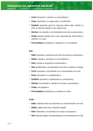 • Correr: lançando-o, rolando-o ou circundando-o.
• Posar: prensando-o ou segurando-o normalmente.
• Equilibrar: passando parte do corpo por dentro dele, rolando no
chão ou fazendo rotação no seu próprio eixo.
• Aterrisar: circundando-o, movimentando-o em oito ou prensando-o.
• Ondas: fazendo rotação com o arco, passando por dentro dele ou
rolando-o no corpo.
• Pré-acrobáticos: arrastando-o, lançando-o ou circundando.
Bola
• Saltar: lançando-a, quicando-a por entre as pernas ou prensando-a.
• Saltitar: rolando-a, quicando-a ou circundando-a.
• Rolar: rolando-a, lançando-a ou prensando-a.
• Girar: equilibrando-a, movimentando-a em oito ou rolando-a no braço.
• Correr: quicando-a, circundando-a ou movimentando-a em oito.
• Posar: prensando-a ou equilibrando-a.
• Equilibrar: quicando-a, equilibrando-a ou prensando-a.
• Aterrisar: circundando-a, rolando-a no corpo ou prensando-a.
• Ondas: circundando-a.
• Pré-acrobáticos: lançando-a ou rolando-a no chão.
Corda
• Saltar: saltando entre ela, lançando-a ou movimentando-a em oito.
• Saltitar: saltitar entre ela ou fazendo rotação.
• Rolar: dobrando-a, envolvendo-a no corpo ou lançando-a.
• Girar: fazendo rotação, formando figuras ou movimentando-a em oito.
482
PEDAGOGIA DA GINÁSTICA ESCOLAR
UNIDADE 3 | OS MODELOS ESPORTIVOS DE GINÁSTICA
 