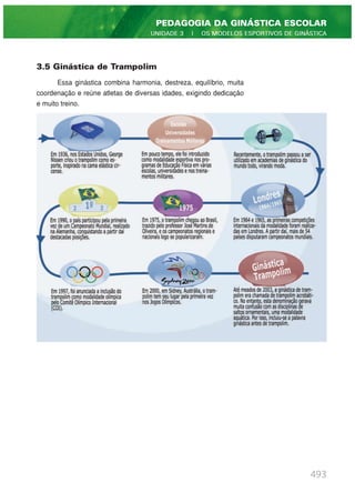 3.5 Ginástica de Trampolim
Essa ginástica combina harmonia, destreza, equilíbrio, muita
coordenação e reúne atletas de diversas idades, exigindo dedicação
e muito treino.
493
PEDAGOGIA DA GINÁSTICA ESCOLAR
UNIDADE 3 | OS MODELOS ESPORTIVOS DE GINÁSTICA
 