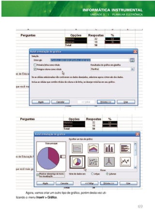 Agora, vamos criar um outro tipo de gráfico, porém desta vez uti-
lizando o menu Inserir > Gráfico.
69
INFORMÁTICA INSTRUMENTAL
UNIDADE 3 | PLANILHA ELETRÔNICA
 