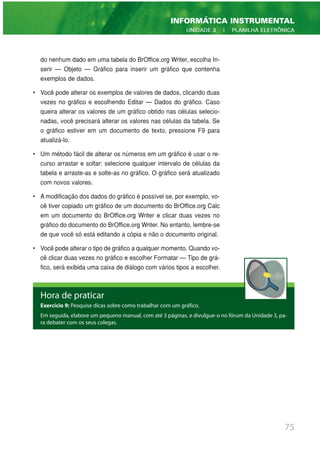 do nenhum dado em uma tabela do BrOffice.org Writer, escolha In-
serir — Objeto — Gráfico para inserir um gráfico que contenha
exemplos de dados.
• Você pode alterar os exemplos de valores de dados, clicando duas
vezes no gráfico e escolhendo Editar — Dados do gráfico. Caso
queira alterar os valores de um gráfico obtido nas células selecio-
nadas, você precisará alterar os valores nas células da tabela. Se
o gráfico estiver em um documento de texto, pressione F9 para
atualizá-lo.
• Um método fácil de alterar os números em um gráfico é usar o re-
curso arrastar e soltar: selecione qualquer intervalo de células da
tabela e arraste-as e solte-as no gráfico. O gráfico será atualizado
com novos valores.
• A modificação dos dados do gráfico é possível se, por exemplo, vo-
cê tiver copiado um gráfico de um documento do BrOffice.org Calc
em um documento do BrOffice.org Writer e clicar duas vezes no
gráfico do documento do BrOffice.org Writer. No entanto, lembre-se
de que você só está editando a cópia e não o documento original.
• Você pode alterar o tipo de gráfico a qualquer momento. Quando vo-
cê clicar duas vezes no gráfico e escolher Formatar — Tipo de grá-
fico, será exibida uma caixa de diálogo com vários tipos a escolher.
75
INFORMÁTICA INSTRUMENTAL
UNIDADE 3 | PLANILHA ELETRÔNICA
Hora de praticar
Exercício 9: Pesquise dicas sobre como trabalhar com um gráfico.
Em seguida, elabore um pequeno manual, com até 3 páginas, e divulgue-o no fórum da Unidade 3, pa-
ra debater com os seus colegas.
 