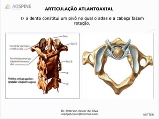  o dente constitui um pivô no qual o atlas e a cabeça fazem
rotação.
Dr. Peterson Xavier da Silva
medpeterson@hotmail.com
ARTICULAÇÃO ATLANTOAXIAL
NETTER
 