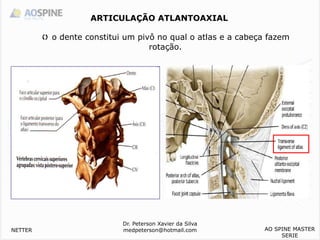  o dente constitui um pivô no qual o atlas e a cabeça fazem
rotação.
Dr. Peterson Xavier da Silva
medpeterson@hotmail.com
ARTICULAÇÃO ATLANTOAXIAL
NETTER AO SPINE MASTER
SERIE
 