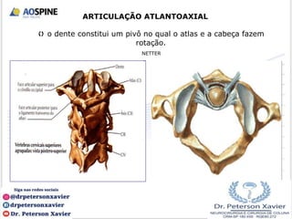  o dente constitui um pivô no qual o atlas e a cabeça fazem
rotação.
ARTICULAÇÃO ATLANTOAXIAL
NETTER
 