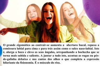 O grande zigomático ao contrair-se aumenta a  abertura bucal, repuxa a comissura labial para cima e para trás assim como o sulco naso-labial. Isto é, alarga a boca e eleva os seus ângulos, arrepanhando a bochecha que se torna mais subida e saliente. A juntar a tudo isto, acentua as rugas ou pés-de-galinha debaixo e nos cantos dos olhos o que completa a expressão hilariante da fisionomia. É o músculo do riso. 