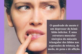 O quadrado do mento é um depressor do hémi-lábio inferior. É uma estrutura muscular sinérgica do músculo triangular dos lábios nas expressões de tristeza, de medo, de pena e de aflição. 