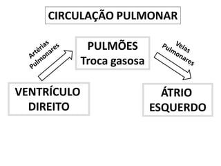 VENTRÍCULO
DIREITO
ÁTRIO
ESQUERDO
PULMÕES
Troca gasosa
CIRCULAÇÃO PULMONAR
 