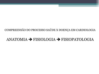 COMPREENSÃO DO PROCESSO SAÚDE X DOENÇA EM CARDIOLOGIA
ANATOMIA  FISIOLOGIA  FISIOPATOLOGIA
 