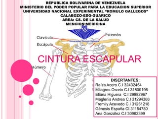REPUBLICA BOLIVARINA DE VENEZUELA
MINISTERIO DEL PODER POPULAR PARA LA EDUCACION SUPERIOR
UNIVERSIDAD NACIONAL EXPERIMENTAL “ROMULO GALLEGOS”
CALABOZO-EDO-GUARICO
AREA: CS. DE LA SALUD
MENCION:MEDICINA
CINTURA ESCAPULAR
DISERTANTES:
Raíza Acero C.I 32432454
Milagros Osorio C.I 31800196
Eliana Higuera C.I 29982967
Maglenis Andrea C.I 31294388
Fremily Acevedo C.I 31251218
Génesis España CI.31154780
Ana González C.I 30962399
 