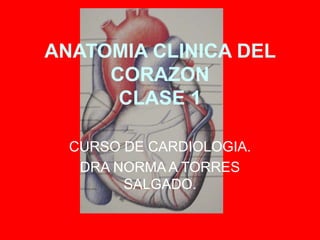 ANATOMIA CLINICA DEL
CORAZON
CLASE 1
CURSO DE CARDIOLOGIA.
DRA NORMA A TORRES
SALGADO.
 