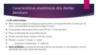 Características anatômicas dos dentes
decíduos:
1º) De ordem pulpar:
 Maior volume pulpar em relação ao permanente ( consequentemente, na evolução da
cárie, a possibilidade de exposição pulpar é maior);
 Corno pulpar mais proeminente (canal MV do 1º molar decíduo)
 Maior ramificações de canais delta apicais
 Dentes unirradiculares: simples e de fácil acesso
 Molares: 2 canais: 1 mesial e 1 distal
 superiores 2 vestibulares e 1 palatino
 VALE LEMBRAR: a camada de esmalte e dentina do decíduo é mais delgada e menos
calcificada que a dos dentes permanentes.
 