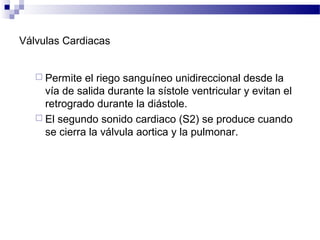 Válvulas Cardiacas
 Permite el riego sanguíneo unidireccional desde la
vía de salida durante la sístole ventricular y evitan el
retrogrado durante la diástole.
 El segundo sonido cardiaco (S2) se produce cuando
se cierra la válvula aortica y la pulmonar.
 