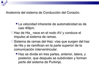 Anatomía del sistema de Conducción del Corazón.
 La velocidad inherente de automaticidad es de
casi 40lpm.
 Haz de His_ nace en el nodo AV y conduce el
impulso al sistema de ramas.
 Sistema de ramas del Haz: vías que surgen del haz
de His y se ramifican en la parte superior de la
comunicación interventricular.
 Haz se divide en tres partes, anterior, latera, y
posterior, que después se subdividen y forman
parte del sistema de Purkinje.
 