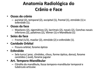 Anatomia Radiológica do
Crânio e Face
• Ossos do crânio
– parietal (2), temporal (2), occipital (1), frontal (1), etmóide (1) e
esfenóide (1).
• Ossos da face
– Maxilares (2), zigomáticos (2), lacrimais (2), nasais (2), Conchas nasais
inferiores (2), palatinos (2), Vômer (1) e Mandíbula (1)
• Seios da face
– Frontal (1/2), maxilar (2), etmóide (2) e esfenóide (1).
• Cavidade Orbital
– Fissura orbital, forame óptico
• Esfenóide
– Sela turca ( proc. clinóides, clívus, forme óptico, dorso), forame
carotídeo ( oval), forame jugular
• Art. Temporo-Mandibular
– Côndilo da mandíbula, fossa temporo-mandibular temporal e
tubérculo articular.
 