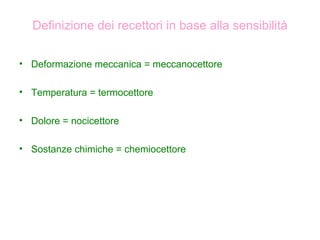 Definizione dei recettori in base alla sensibilità Deformazione meccanica = meccanocettore Temperatura = termocettore Dolore = nocicettore Sostanze chimiche = chemiocettore 