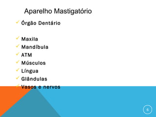 Aparelho Mastigatório
 Órgão Dentário
 Maxila
 Mandíbula
 ATM
 Músculos
 Língua
 Glândulas
 Vasos e nervos

6

 