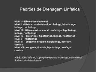 Nivel I – lábio e cavidade oral
Nível II - lábio e cavidade oral, orofaringe, hipofaringe,
laringe, rinofaringe
Nível III - lábio e cavidade oral, orofaringe, hipofaringe,
laringe, rinofaringe
Nível IV – orofaringe, hipofaringe, laringe, rinofaringe
Nível V - rinofaringe
Nível VI – subglote, tireóide, hipofaringe, esôfago
cervical
Nível VII - subglote, tireóide, hipofaringe, esôfago
cervical
Padrões de Drenagem Linfática
OBS.: lábio inferior, supraglote e palato mole costumam drenar
ipsi e contralateralmente
 