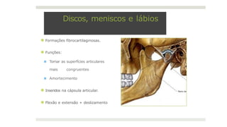 Discos, meniscos e lábios
⦿ Formações fibrocartilaginosas.
⦿ Funções:
◾ Tornar as superfícies articulares
mais congruentes
◾ Amortecimento
⦿ Inseridos na cápsula articular.
⦿ Flexão e extensão + deslizamento
 