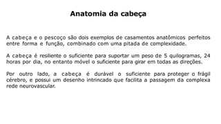 Anatomia da cabeça
A cabeça e o pescoço são dois exemplos de casamentos anatômicos perfeitos
entre forma e função, combinado com uma pitada de complexidade.
A cabeça é resiliente o suficiente para suportar um peso de 5 quilogramas, 24
horas por dia, no entanto móvel o suficiente para girar em todas as direções.
Por outro lado, a cabeça é durável o suficiente para proteger o frágil
cérebro, e possui um desenho intrincado que facilita a passagem da complexa
rede neurovascular.
 