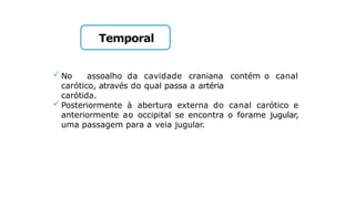 Temporal
 No assoalho da cavidade craniana contém
carótico, através do qual passa a artéria
carótida.
o canal
 Posteriormente à abertura externa do canal carótico e
anteriormente ao occipital se encontra o forame jugular,
uma passagem para a veia jugular.
 