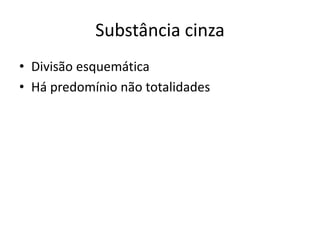 Substância cinza
• Divisão esquemática
• Há predomínio não totalidades
 