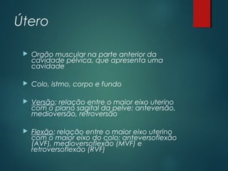 Útero
 Orgão muscular na parte anterior da
cavidade pélvica, que apresenta uma
cavidade
 Colo, istmo, corpo e fundo
 Versão: relação entre o maior eixo uterino
com o plano sagital da pelve: anteversão,
medioversão, retroversão
 Flexão: relação entre o maior eixo uterino
com o maior eixo do colo: anteversoflexão
(AVF), medioversoflexão (MVF) e
retroversoflexão (RVF)
 