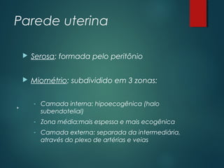 Parede uterina
 Serosa: formada pelo peritônio
 Miométrio: subdividido em 3 zonas:
- Camada interna: hipoecogênica (halo
subendotelial)
- Zona média:mais espessa e mais ecogênica
- Camada externa: separada da intermediária,
através do plexo de artérias e veias
 