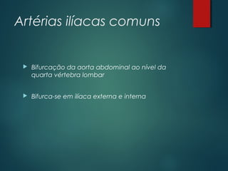 Artérias ilíacas comuns
 Bifurcação da aorta abdominal ao nível da
quarta vértebra lombar
 Bifurca-se em ilíaca externa e interna
 