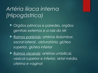 Artéria ilíaca interna
(Hipogástrica)
 Orgãos pélvicos e paredes, orgãos
genitais externos e a raiz do MI
 Ramos parietais: artérias iliolombar,
sacral lateral , obturatória, glútea
superior, glútea inferior
 Ramos viscerais: artérias umbilical,
vesical superior e inferior, retal média,
uterina e vaginal
 