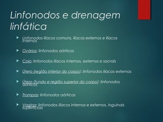 Linfonodos e drenagem
linfática
 Linfonodos ilíacos comuns, ilíacos externos e ilíacos
internos
 Ovários: linfonodos aórticos
 Colo: linfonodos ilíacos internos, externos e sacrais
 Útero (região inferior do corpo): linfonodos ilíacos externos
 Útero (fundo e região superior do corpo): linfonodos
aórticos
 Trompas: linfonodos aórticos
 Vagina: linfonodos ilíacos internos e externos, inguinais
superficiais
 