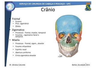 • Frontal
• Escama
• Proc.	zigomático
• Órbita
• Zigomatico
• Processos	- frontal,	maxilar,	temporal
• Forames	- zigomatico	facial	e	
temporal
• Maxila
• Processos	- frontal,	zigom.,	alveolar
• Forame	infraorbital
• Espinha	nasal
• Abertura	piriforme
• Crista	zigomático-alveolar
5
Netter,	6a	edição	2011
Crânio
5
Dr.	Jônatas	Catunda
 
