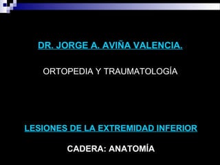 DR. JORGE A. AVIÑA VALENCIA. 
ORTOPEDIA Y TRAUMATOLOGÍA 
LESIONES DE LA EXTREMIDAD INFERIOR 
CADERA: ANATOMÍA 
 