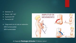  Extension 0°
 Flexión 140°-145°
 Supinación 90°
 Pronación 85°
 Carga axial con el codo en extensión:
-40% humerocubital
-60% humeroradial
A.I Kapandji Fisiologia Articular 6ª Edicion, tomo I
 