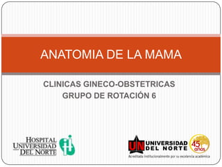 ANATOMIA DE LA MAMA

CLINICAS GINECO-OBSTETRICAS
    GRUPO DE ROTACIÓN 6
 