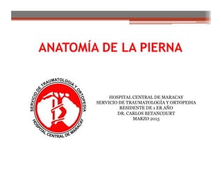 ANATOMÍA DE LA PIERNA
HOSPITAL CENTRAL DE MARACAY
SERVICIO DE TRAUMATOLOGÍA Y ORTOPEDIA
RESIDENTE DE 1 ER AÑO
DR. CARLOS BETANCOURT
MARZO 2015
 