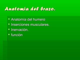 Anatomia ddeell bbrraazzoo.. 
 AAnnaattoommííaa ddeell hhuummeerroo 
 IInnsseerrcciioonneess mmuussccuullaarreess.. 
 IInneerrvvaacciióónn.. 
 ffuunncciióónn 
 